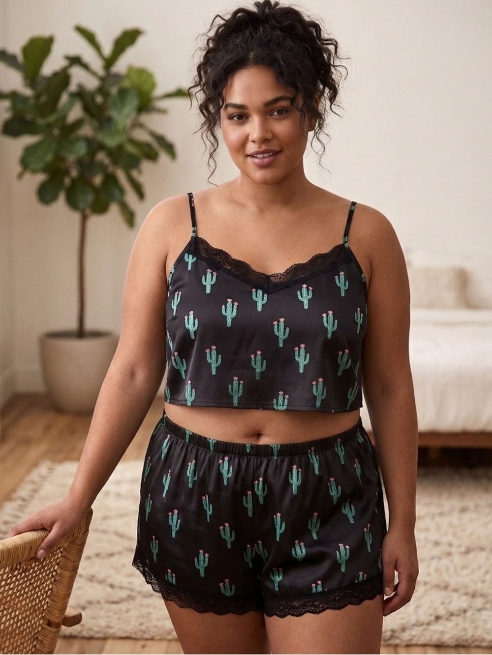 Black Satin Cami & Short Pajama Set with Green Cactus Print
